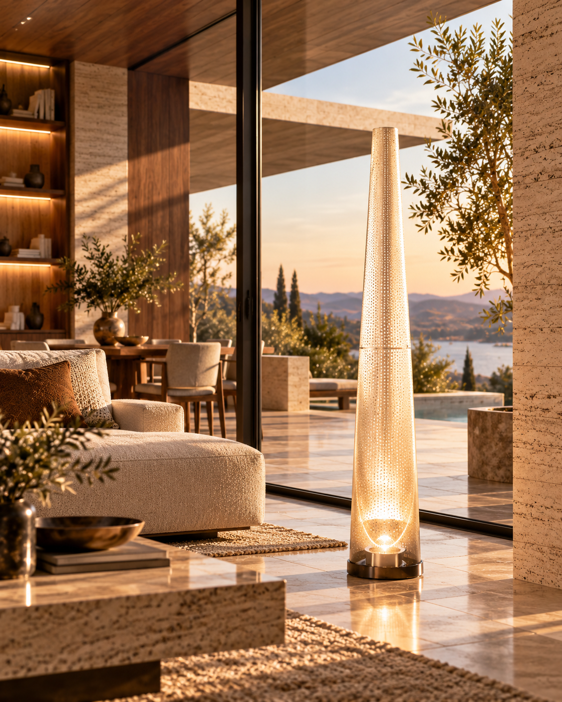 Artistic concept image of a tall perforated floor lamp inspired by the Ferrolight Jet Light