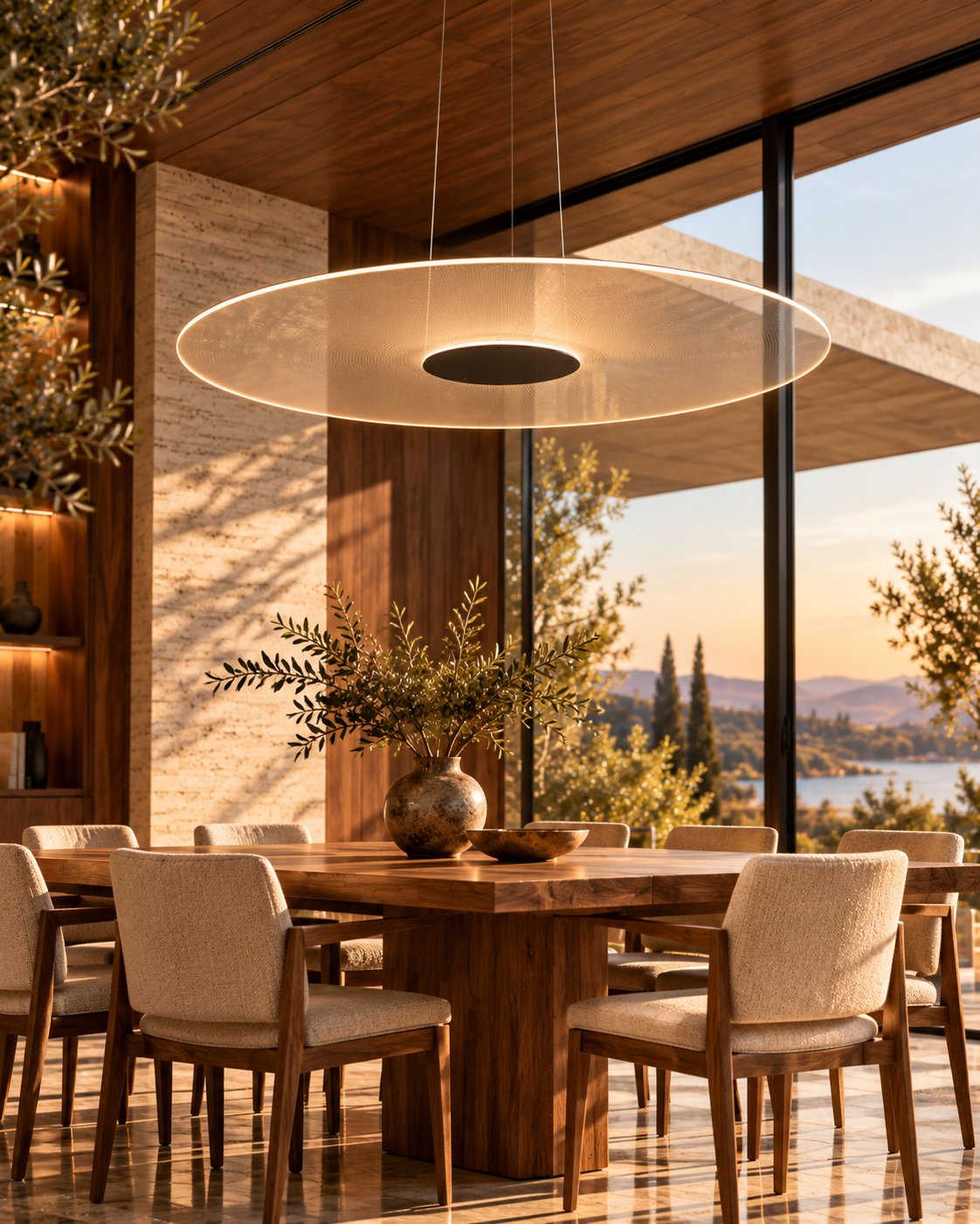 Architectural interior concept with an ultra-thin luminous transparent disc pendant inspired by Ferrolight Ghost Disc