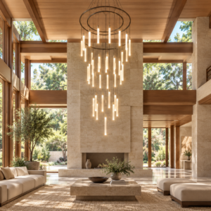 JOY 4 Layers chandelier by FERROLIGHT and YourSenses with transparent pendants suspended from two circular rings