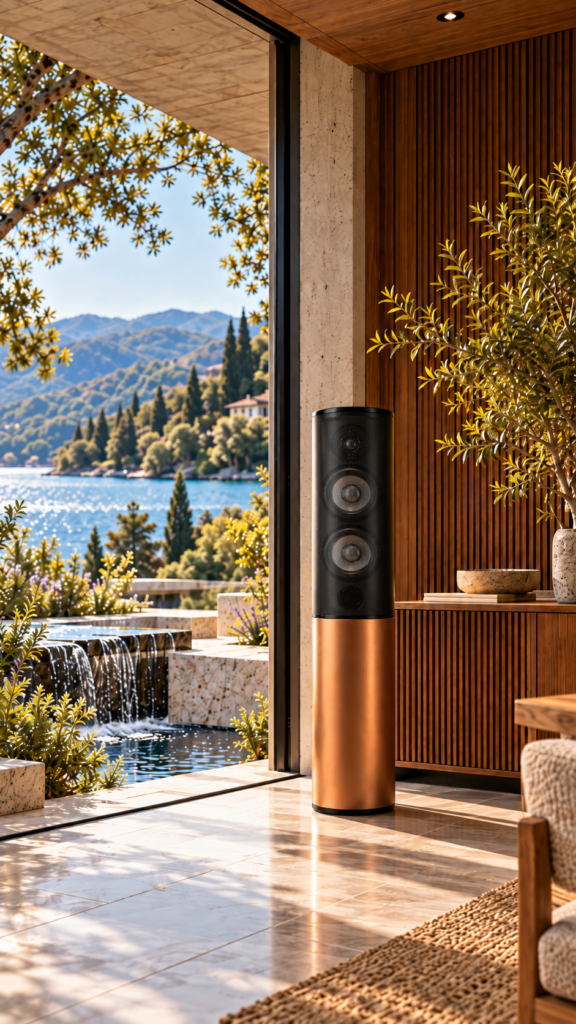 VoiceVictory loudspeaker with a copper finish in a warm wood and stone interior beside the water.