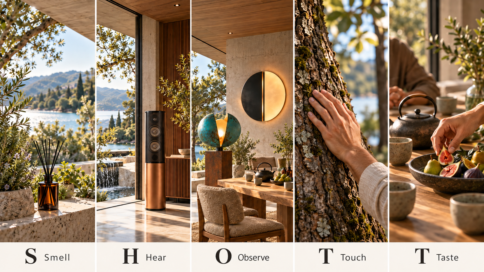 Five YourSenses scenes: fragrance, music, sculptural lighting, a hand touching a tree and shared food.