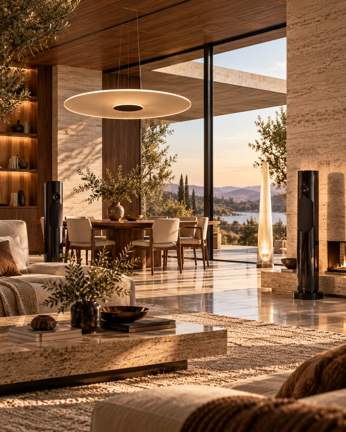 Concept render of cylindrical heritage-style loudspeakers in a bright natural-material modern interior