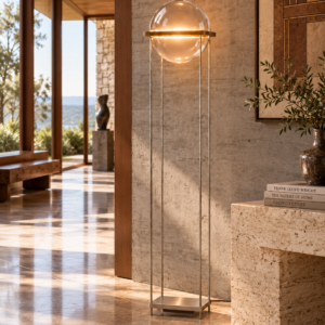 SCRY crystal floor lamp with illuminated glass sphere in a modern architectural interior