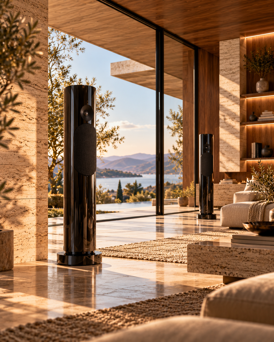 YourSenses conceptual visualisation of two cylindrical heritage-inspired loudspeakers in a modern light-filled architectural interior